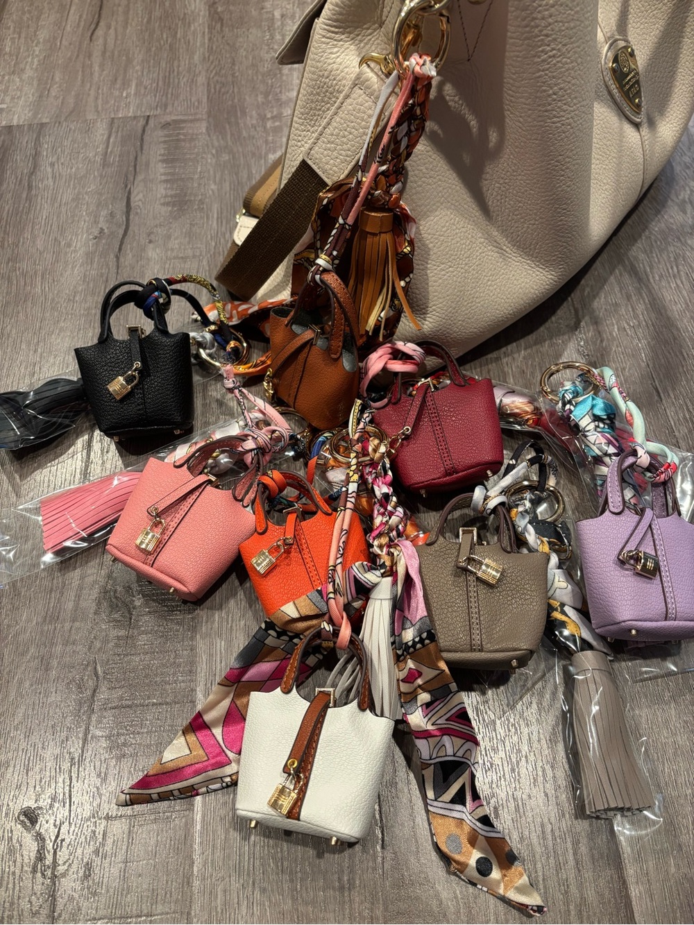 Mini Handbag Keychain Charm with Twilly Scarf & Tassel – Purple - Picture 3 of 3